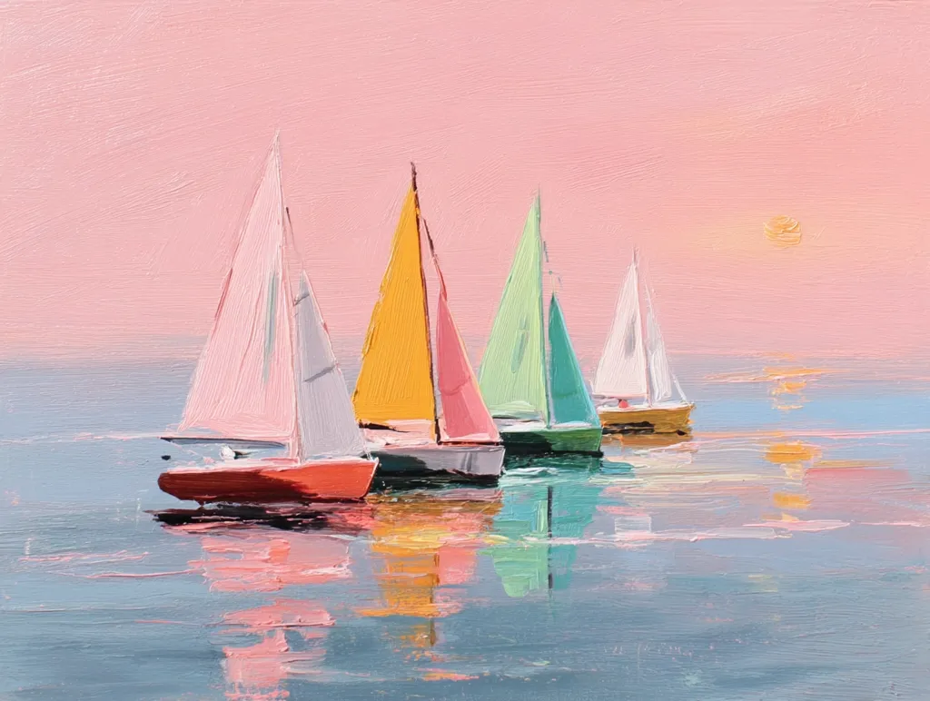 A pastel-colored painting depicts four sailboats at sunset.  The boats are painted in shades of pink, orange, and green, their sails catching the soft light of the evening sky. The water is calm, reflecting the boats and the pale pink and orange hues of the sky. The overall style is impressionistic, with visible brushstrokes creating a textured effect.  The sun is a hazy orb near the horizon.