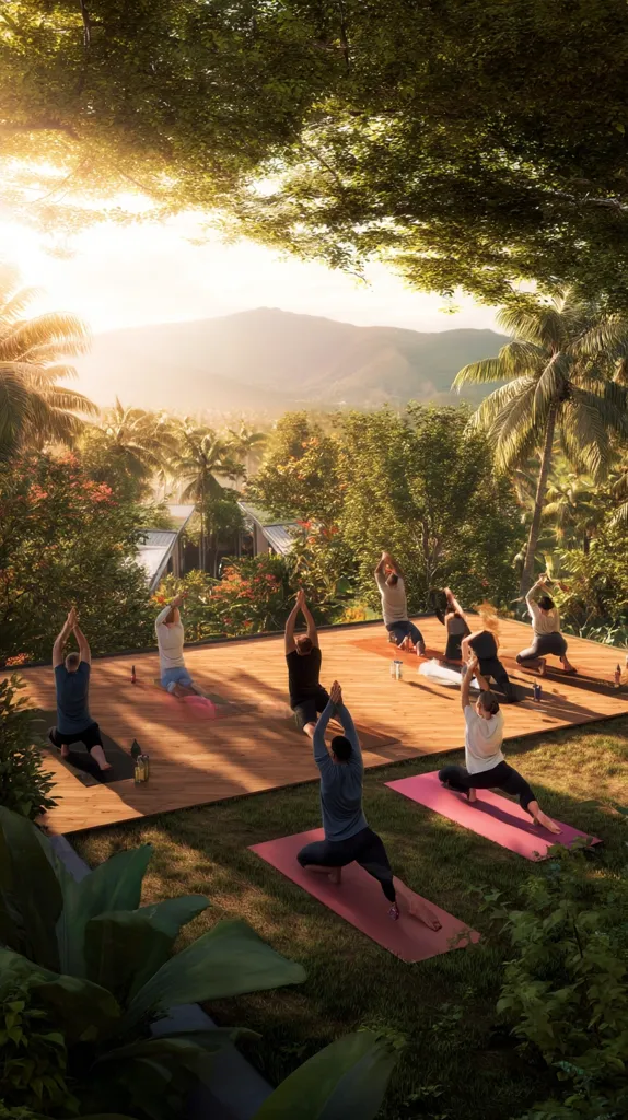 A group of people participate in a yoga session on a wooden deck overlooking a lush tropical landscape.  Sunlight filters through the trees, illuminating the scene.  Mountains rise in the distance.  The tranquil setting provides a serene backdrop for the yoga practice.  Pink yoga mats are spread across the deck.