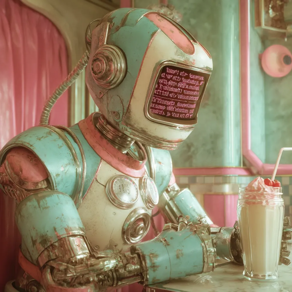 A retro-styled robot, painted in pastel teal and pink, sits at a diner counter.  Its head displays lines of code on a small screen.  The robot's metallic body shows signs of wear, giving it a vintage feel.  A milkshake with whipped cream sits on the counter before it. The setting is a nostalgic, pink and teal diner.