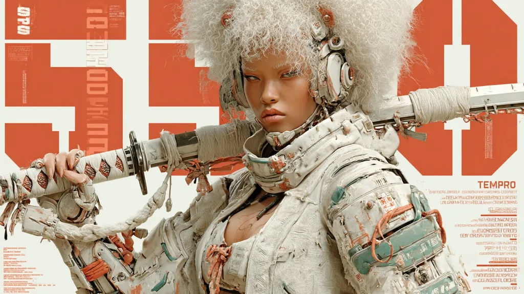 A cyberpunk-styled female warrior, with a large afro and futuristic armor, grips a katana.  Her attire is distressed, suggesting wear and battle. The background features bold, orange, graphic text, possibly a title or logo. The overall aesthetic is a blend of futuristic technology and traditional Japanese elements. The image is digitally rendered, showcasing intricate details in the character's design and clothing.