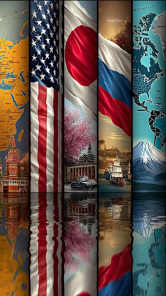 A captivating image showcasing the flags of the USA, Japan, and Russia, interspersed with maps and iconic landmarks.  The American flag stands tall, next to the Japanese flag with cherry blossoms, and the Russian flag, overlooking a historical ship.  Mount Fuji and St. Basil's Cathedral represent their respective nations.  The reflection in water adds a serene yet powerful effect, creating a visually stunning composition.