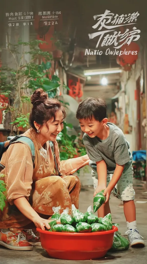 A poster for the film "Natio Owlepleres" features a woman and a boy in an alleyway, preparing food.  The woman, wearing a beige dress, smiles warmly at the boy. They are arranging numerous green parcels in a red basin. The scene is set in a narrow, traditional-looking street with plants and lanterns.  The title is displayed prominently in stylized Chinese script and English.