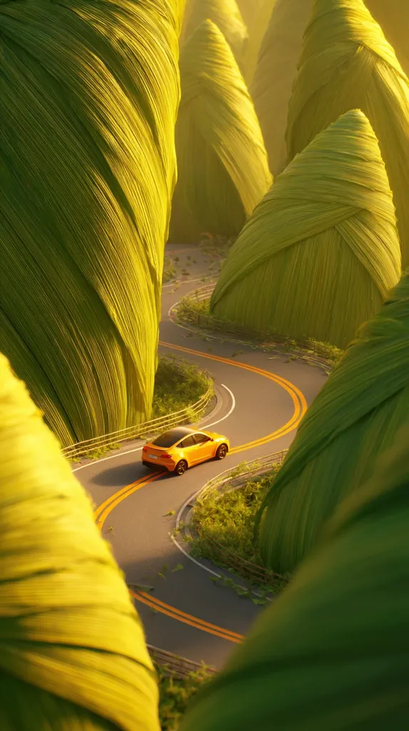 A vibrant yellow car navigates a winding road nestled within a surreal landscape.  Towering, leaf-like structures form a verdant tunnel, bathed in warm, golden light. The scene is a captivating blend of nature and automotive design, creating a dreamlike, almost otherworldly atmosphere. The road curves gently, leading the viewer's eye deeper into the unique environment.