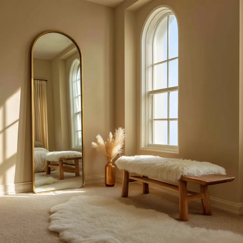 A sunlit room features a gold arched mirror reflecting a bedroom, a wooden bench draped in a fluffy white sheepskin, and a vase of pampas grass.  A large, arched window lets in bright natural light.  The room is decorated in a minimalist, calming style with neutral beige walls and a plush white sheepskin rug on the floor.  The overall ambiance is serene and sophisticated.