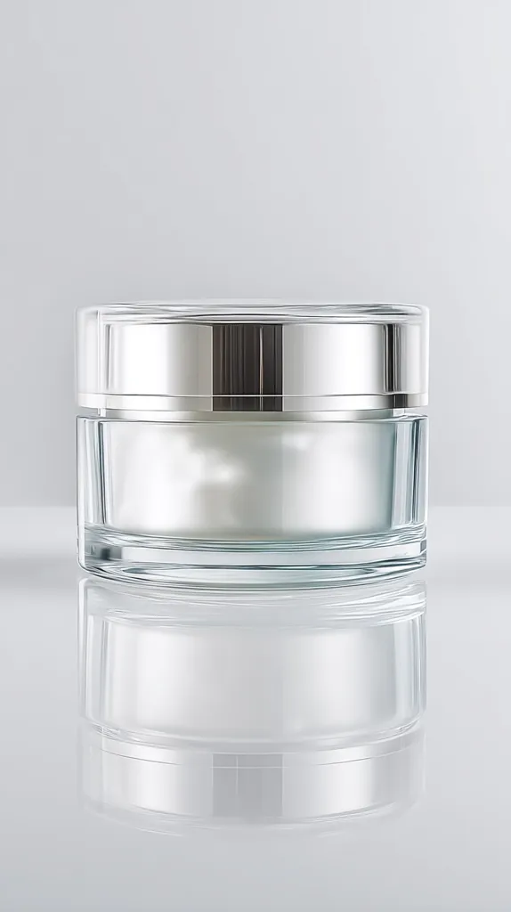 A cylindrical jar of cream sits on a reflective surface. The jar is made of clear glass with a metallic silver lid. The cream inside is white and appears smooth. The overall aesthetic is clean, minimalist, and modern, suggesting a high-end skincare product.  The image is sharply focused and well-lit against a neutral grey background.