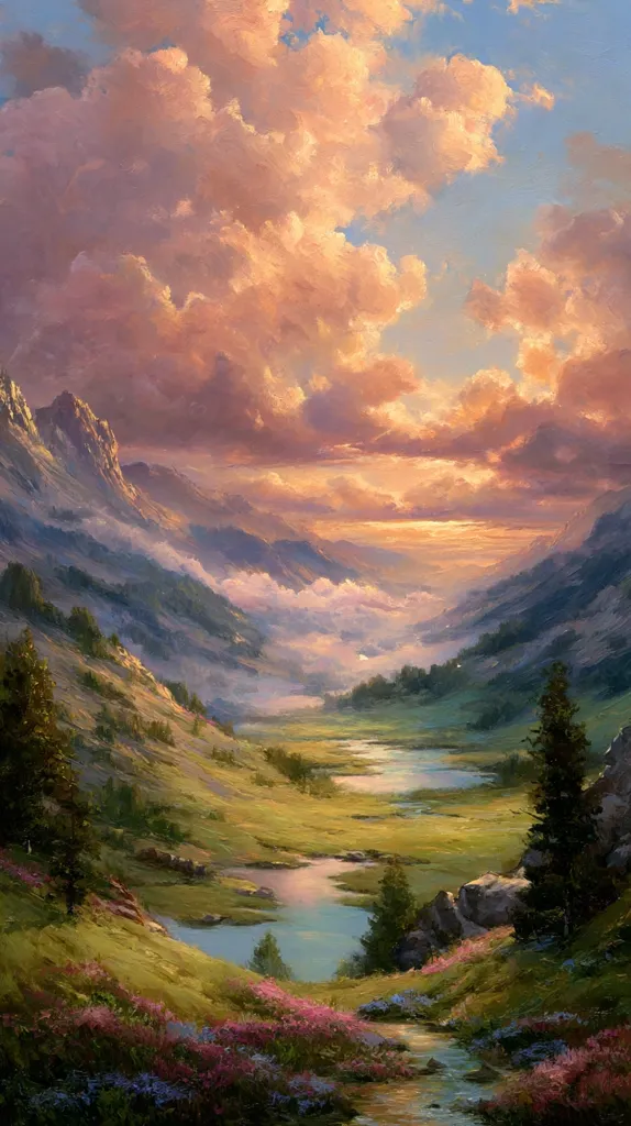 A breathtaking landscape painting depicts a serene valley nestled between majestic mountains.  Soft, pastel clouds fill a vibrant sunset sky.  A tranquil river meanders through the valley floor, which is dotted with lush greenery and wildflowers.  The overall mood is peaceful and idyllic, evoking a sense of calm and wonder.