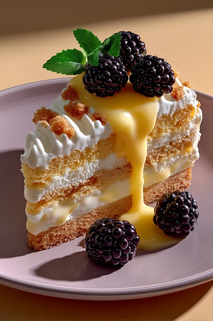A delectable slice of layered cake is elegantly presented on a mauve plate.  The cake features layers of sponge cake, whipped cream, and a crunchy crumble topping, generously drizzled with a custard sauce.  Fresh blackberries and mint leaves garnish the top, adding a touch of vibrant color and freshness.  The overall composition creates a visually appealing and appetizing dessert.
