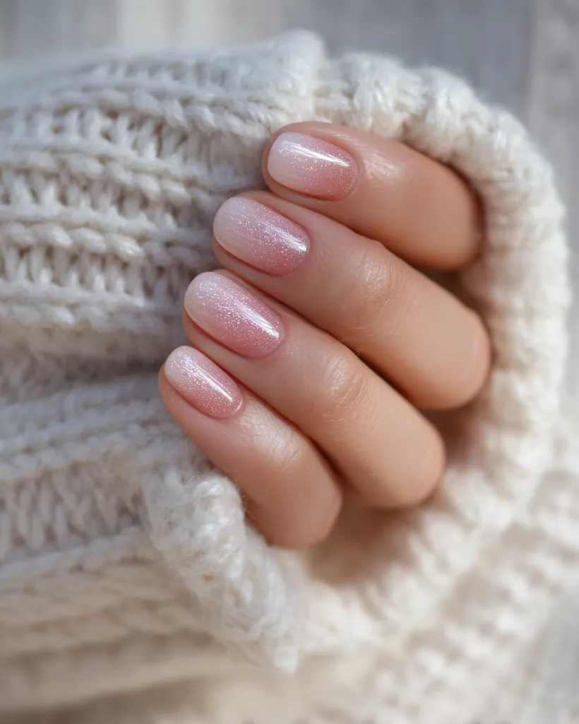 A close-up shot showcases a hand with delicately manicured nails.  The nails are adorned with a soft, pink ombre glitter polish, transitioning from a lighter shade at the base to a deeper pink at the tips. The hand rests gently on a creamy, textured knitted fabric, creating a soft and elegant image.  The overall aesthetic is feminine and subtly glamorous.