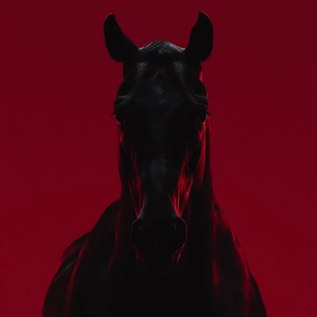 A striking close-up reveals a black horse silhouetted against a vibrant red backdrop.  The horse's head and shoulders fill most of the frame, its dark form contrasting sharply with the intense red.  The image is dramatic and moody, emphasizing the horse's powerful presence.  The lighting highlights the horse's features, creating a captivating portrait.