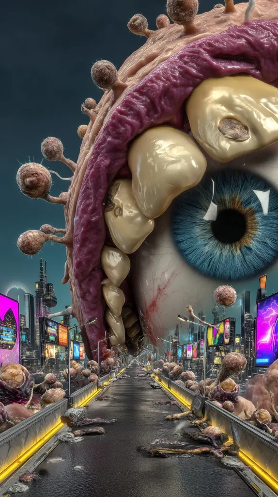 A giant, biomechanical eye dominates the foreground, resembling a monstrous virus with teeth and spiky protrusions.  It looms over a futuristic city street lined with smaller, similar organisms, creating a surreal and unsettling scene.  The street is dark and wet, strewn with decaying matter. The overall mood is dystopian and suggestive of a pandemic or biological invasion.