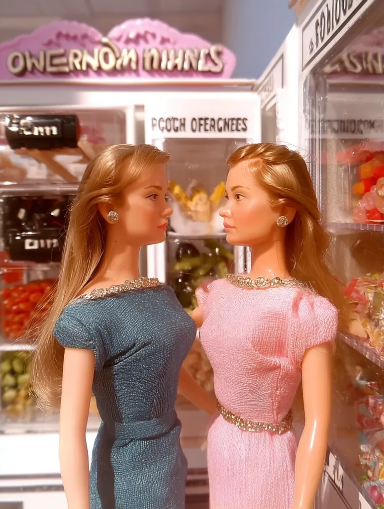 Two vintage-style dolls, dressed in teal and pink dresses, stand facing each other in a miniature grocery store setting.  The dolls have blonde hair styled in similar updos and wear delicate necklaces.  The background showcases a miniature refrigerator and shelves stocked with colorful candies, creating a charming 1960s aesthetic.  The scene is detailed and evokes a nostalgic feeling.