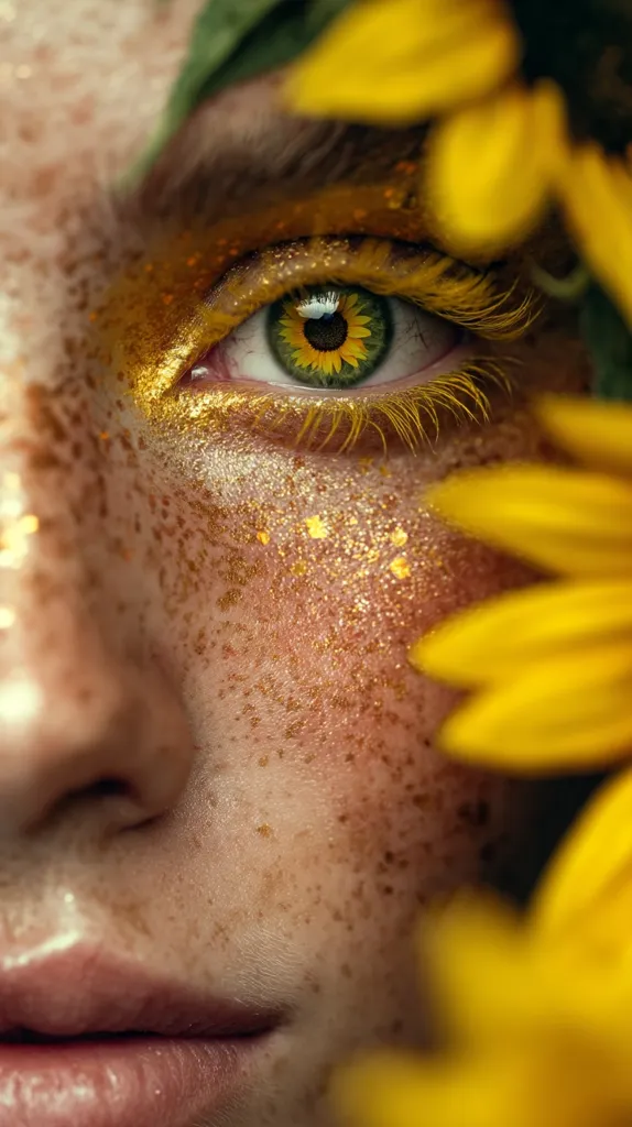 A close-up of a freckled face adorned with gold glitter makeup. The eye is accentuated with yellow eyeshadow, and the iris is strikingly detailed, resembling a sunflower.  Bright yellow sunflower petals partially obscure the face, creating a visually striking contrast of textures and colors. The overall effect is one of natural beauty enhanced with artistic flair.