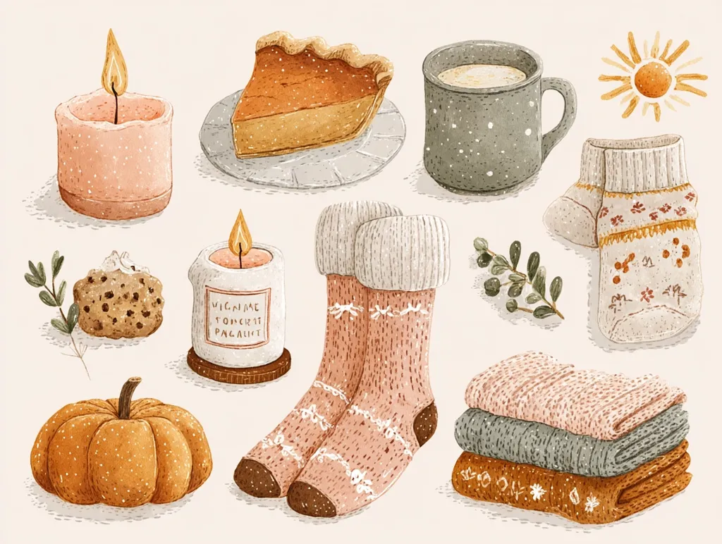 A charming autumnal illustration features a pumpkin, cozy socks, a stack of knit blankets, candles, a mug of hot drink, a slice of pie, and a cookie.  Soft, muted colors and delicate details create a warm and inviting scene, evoking feelings of comfort and seasonal cheer.  The sun adds a touch of brightness to the overall cozy aesthetic.