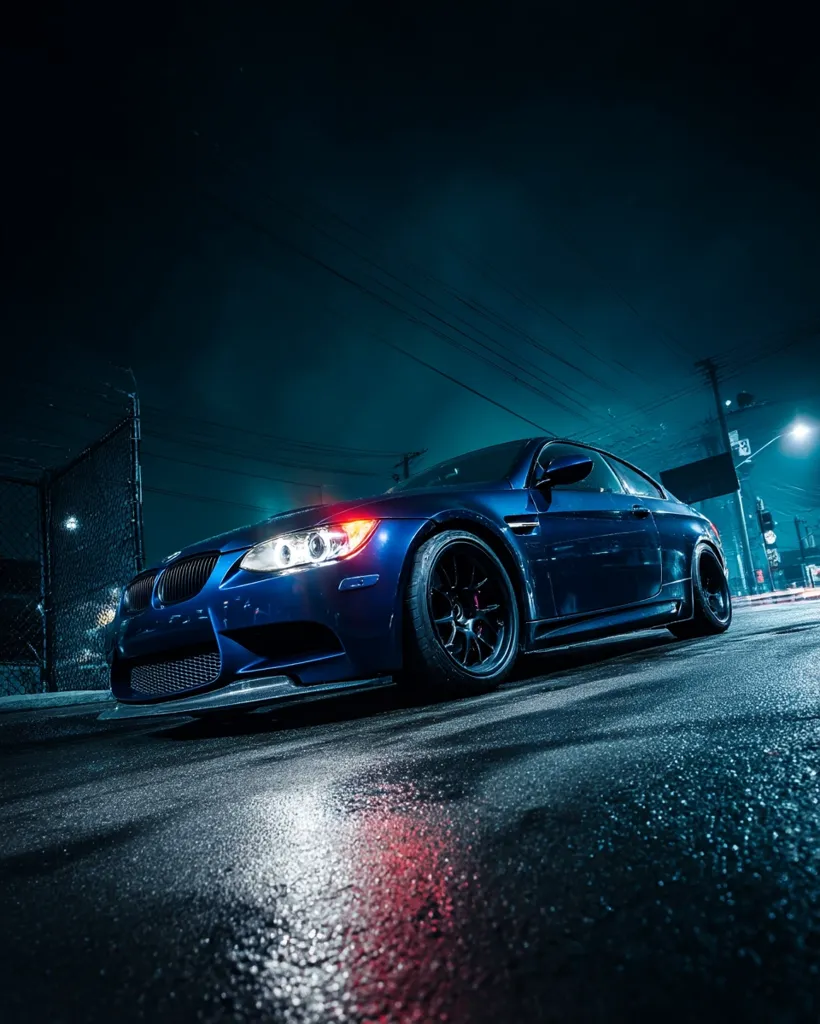 A dark blue BMW M3 coupe is parked on a rain-slicked city street at night.  The car's headlights illuminate the wet asphalt, reflecting the city lights. The background is dark and moody, with blurred city lights and power lines visible. The focus is sharply on the car, highlighting its sleek design and powerful stance. The overall atmosphere is dramatic and stylish.