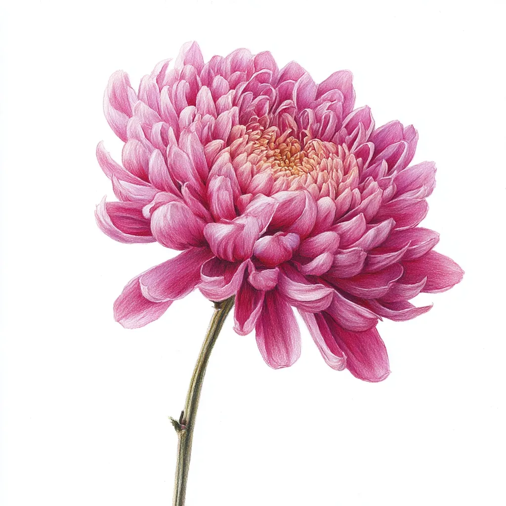 A meticulously detailed colored pencil drawing showcases a single pink chrysanthemum.  The flower, rendered with lifelike accuracy, boasts numerous tightly packed petals, transitioning from a deeper pink at the edges to a lighter, almost peachy hue at its heart.  The stem is slender and elegantly curved, set against a stark white background, emphasizing the flower's vibrant beauty. The artwork's realism highlights the delicate texture and form of the bloom.