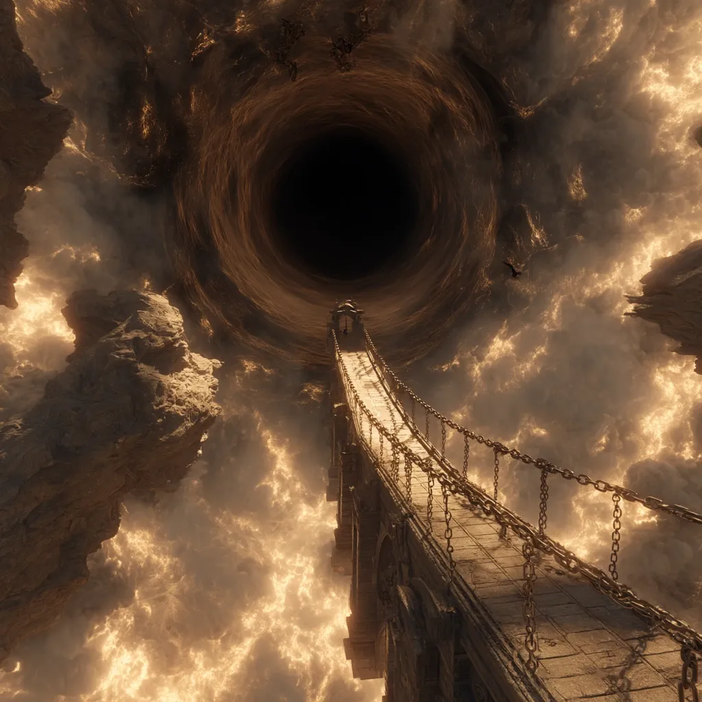 A precarious stone bridge, secured by chains, extends towards a colossal, swirling vortex in the clouds.  The vortex is dark and ominous, a gaping hole in the heavens.  Floating rocks and ominous birds punctuate the dramatic, ethereal sky. The overall scene evokes a sense of awe and impending danger, suggesting a journey into the unknown.