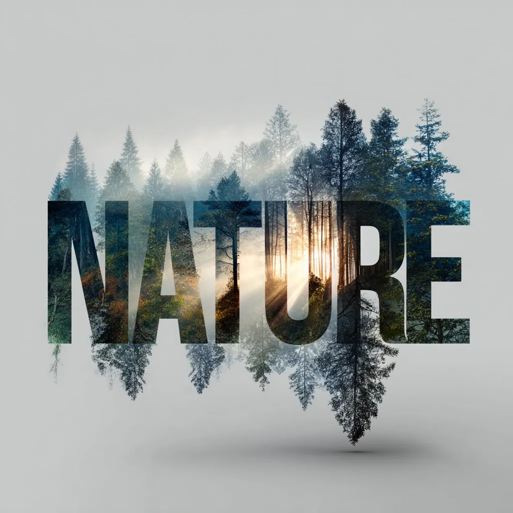 The word "NATURE" is depicted with a superimposed image of a sunlit forest scene.  The trees and misty atmosphere are visible through the lettering, creating a visually striking representation of the word's meaning.  The image evokes a sense of peace and the beauty of the natural world.  The overall effect is both artistic and evocative.