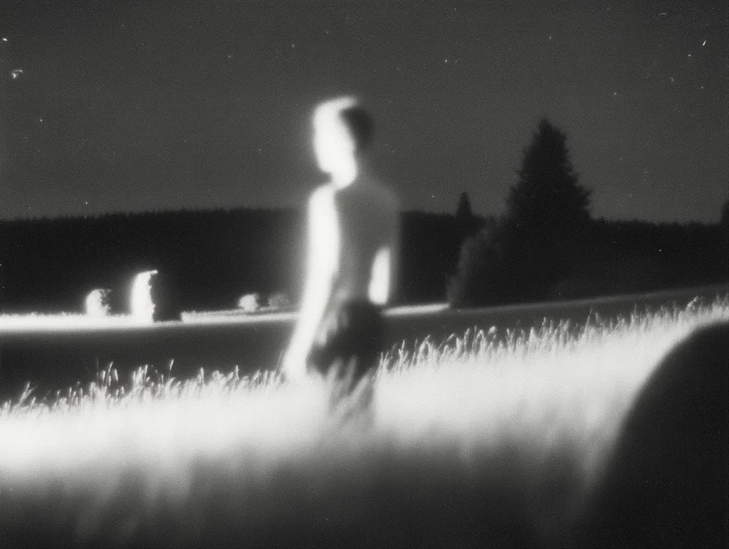 A blurry black and white photograph depicts a figure, possibly a person, standing in a field at night. The figure is out of focus, their features indistinct.  The background shows a dark, silhouetted landscape under a night sky, with trees visible in the distance.  The overall mood is mysterious and ethereal, with a dreamy quality due to the soft focus and low light. The field of tall grass extends across the foreground.