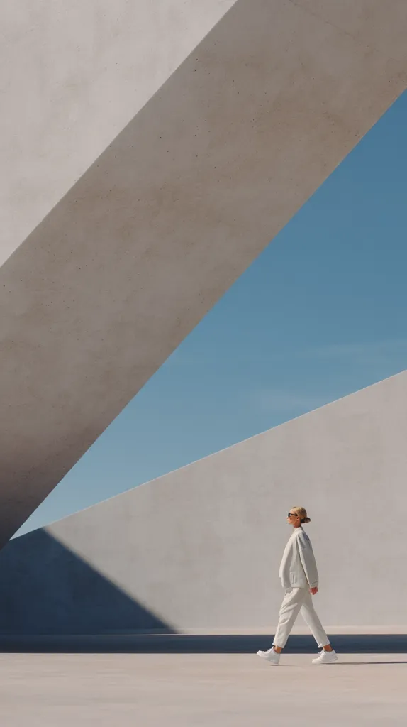 A woman in a light gray pantsuit walks across a minimalist concrete landscape.  The architecture features large, intersecting planes of pale gray, creating strong geometric lines against a clear blue sky.  The scene is stark, modern, and emphasizes the contrast between the woman's form and the clean, architectural backdrop.  Her white sneakers and sunglasses complete the sleek, contemporary style.
