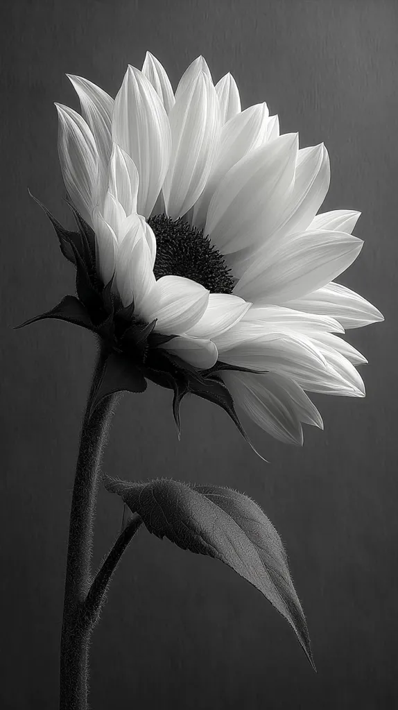 A striking monochrome photograph captures a sunflower in profile.  Its petals, delicate and numerous, radiate outwards from a dark central disc.  The stem, slender and slightly fuzzy, extends downwards, accompanied by a single, elegantly curved leaf.  The dark background provides a stark contrast, highlighting the flower's soft texture and graceful form. The image evokes a sense of quiet beauty and natural elegance.