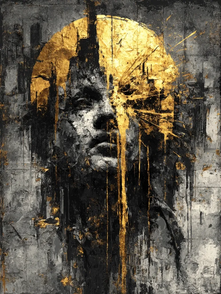 An abstract portrait, dominated by dark grays and blacks, features a face partially obscured by gold leaf. The gold, applied in thick, dripping strokes, creates a striking contrast against the somber background.  The style is expressive and textured, suggesting a blend of traditional and modern techniques. The overall effect is one of both power and vulnerability.