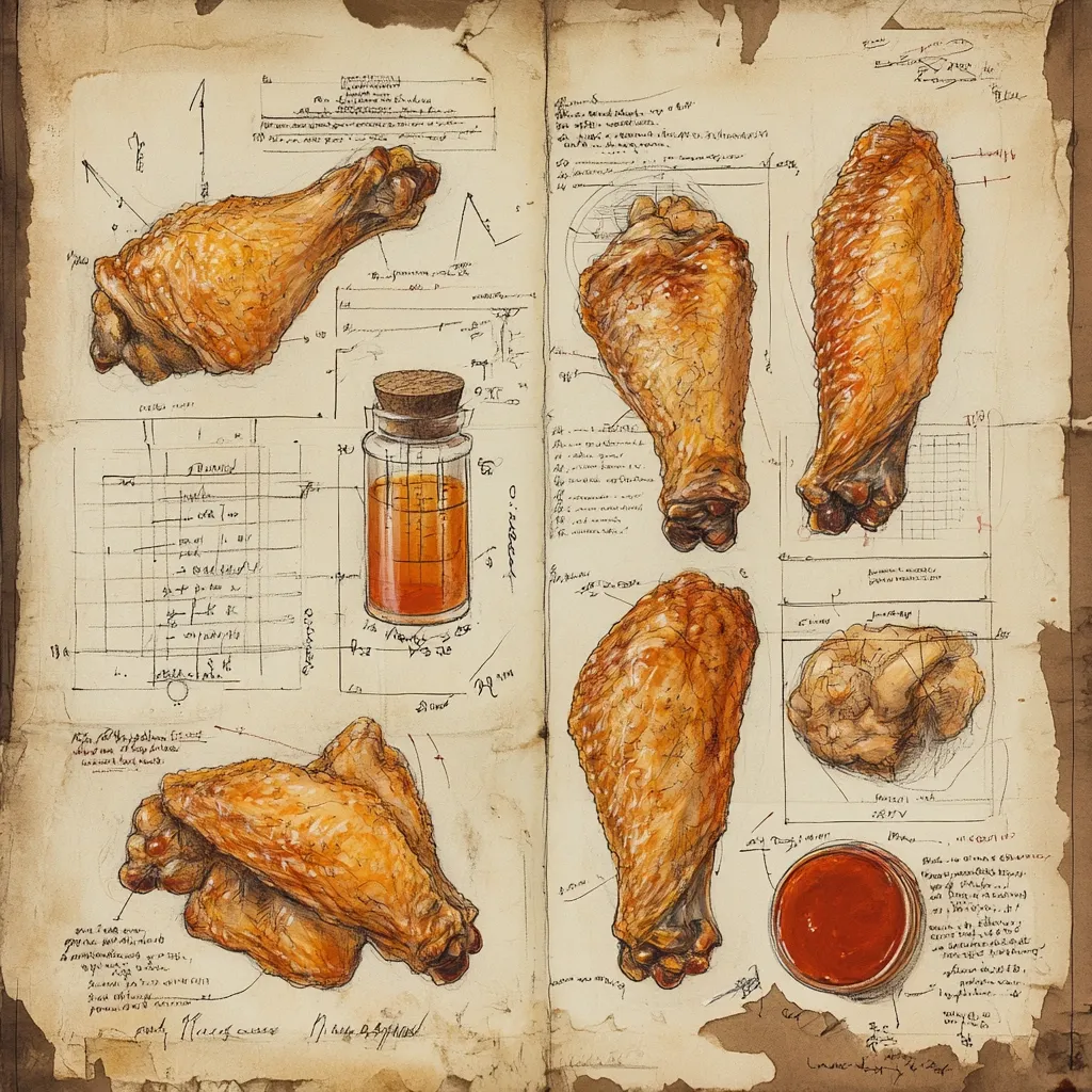 A detailed illustration resembling a scientific study of roasted chicken parts.  The drawing features multiple views of chicken legs and wings, accompanied by diagrams, measurements, notes, and a small bottle of what appears to be oil or marinade.  A small bowl of dipping sauce is also included, lending to an overall meticulous and artistic representation of the food.  The style evokes a vintage, perhaps alchemical, feel.