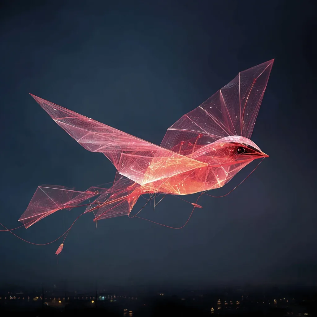 A digital artwork depicts a stylized bird in flight.  The bird is rendered in translucent, geometric shapes, glowing a soft coral pink against a dark blue night sky.  Fine lines create a delicate, almost ethereal quality.  A cityscape of twinkling lights is visible in the far background, suggesting a nocturnal setting. The overall effect is one of delicate beauty and technological artistry.