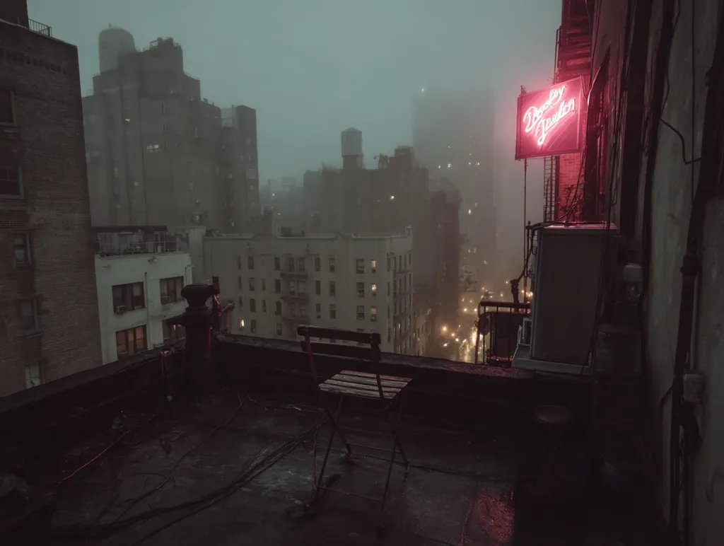 A rooftop view of a rain-soaked city at night.  Tall buildings are shrouded in mist, their lights faintly visible. A lone chair sits on the wet rooftop, facing a neon sign reading "Roof Garden."  The overall atmosphere is dark, moody, and atmospheric.  The scene evokes a feeling of solitude and urban mystery.