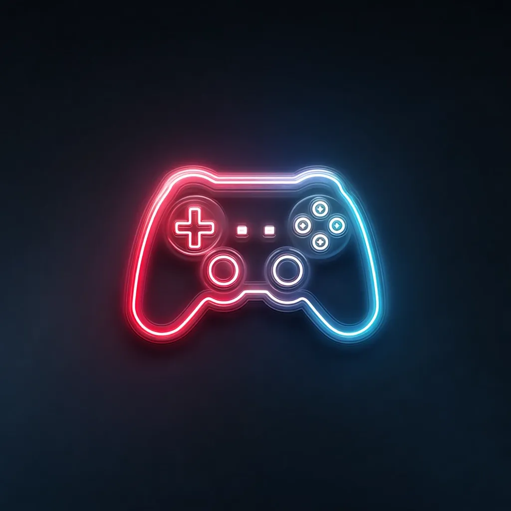 A neon-lit video game controller glows against a dark background.  The outline is a vibrant blend of red and blue, creating a striking visual effect. The controller's buttons and directional pad are clearly visible within the illuminated outline, suggesting a modern gaming device. The image is simple yet captivating, ideal for representing gaming or esports.