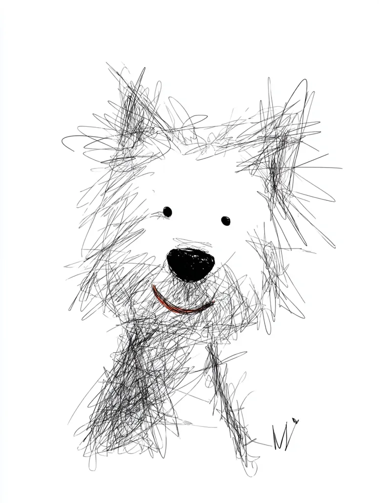 A whimsical illustration of a dog's head, rendered in a style of chaotic scribbles.  The dog is predominantly white, with a black nose and small, simple eyes.  A hint of a smile is visible. The fur is suggested by densely packed, short, sketchy lines, giving the impression of a fluffy texture. The artist's signature is subtly placed in the bottom right corner. The overall effect is playful and expressive.