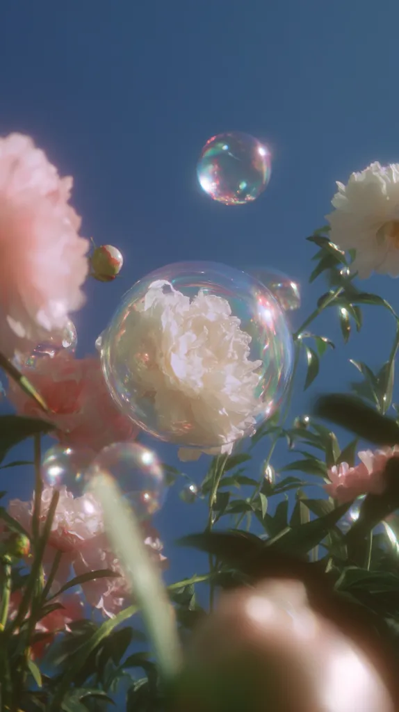 A dreamy, ethereal image depicts pink and white peonies nestled amongst lush green leaves against a vibrant blue sky.  Several iridescent bubbles float amidst the flowers, one large bubble encompassing a delicate white peony.  The overall aesthetic is whimsical and romantic, with a soft, dreamlike quality enhanced by the light and saturation.