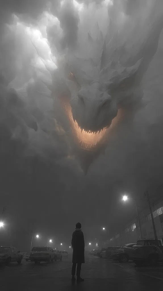 A lone figure stands on a foggy city street at night, silhouetted against a looming, monstrous dragon-like cloud formation. The dragon's mouth is agape, glowing faintly orange, creating a dramatic and ominous atmosphere. The scene is rendered in grayscale, enhancing the sense of unease and impending doom.  Cars are parked along the street, adding to the deserted, foreboding feel.