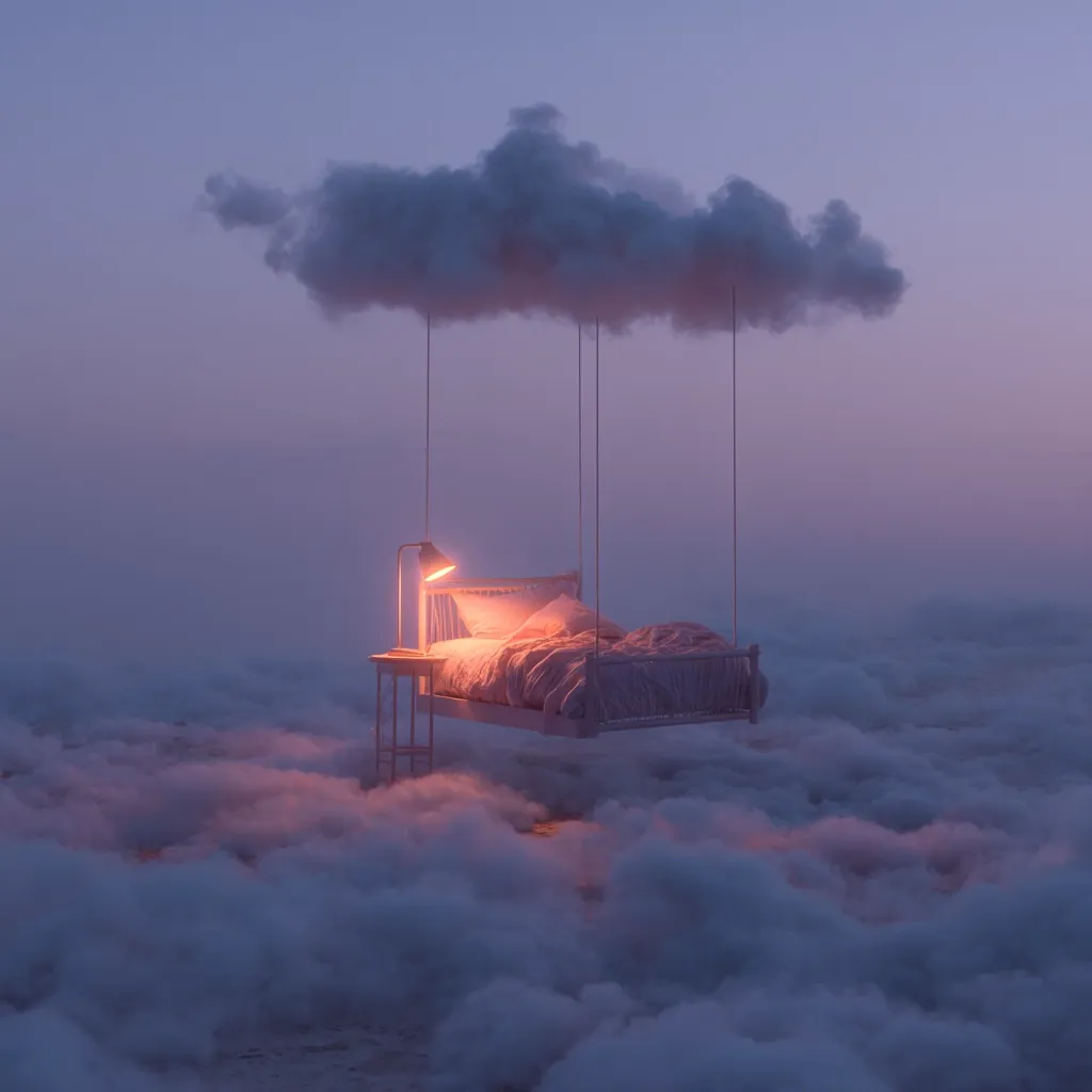 A bed, suspended from a cloud by strings, floats serenely above a sea of clouds.  A soft, warm light illuminates the bed and its small bedside table. The scene is bathed in a dusky purple and pink twilight, creating a dreamy, ethereal atmosphere.  The overall impression is one of peaceful tranquility and fantastical escapism.