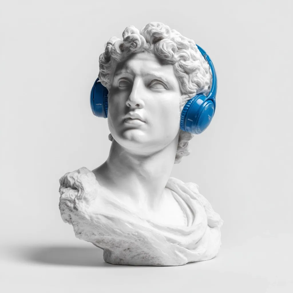 A classic white marble bust, possibly depicting the Greek god Apollo, is shown wearing vibrant blue over-ear headphones.  The juxtaposition of ancient sculpture with modern technology creates a striking visual contrast, suggesting a blend of timeless art and contemporary culture. The image is set against a minimalist, light gray background, highlighting the subject.