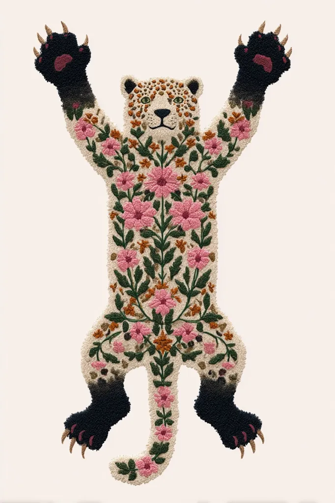 A whimsical rug depicts a stylized jaguar with its paws raised.  The jaguar's body is intricately embroidered with pink and orange flowers and green foliage, creating a vibrant floral pattern against a cream-colored background. The jaguar's head and paws are rendered in dark tones, contrasting sharply with the bright floral embroidery. The overall effect is playful and striking.
