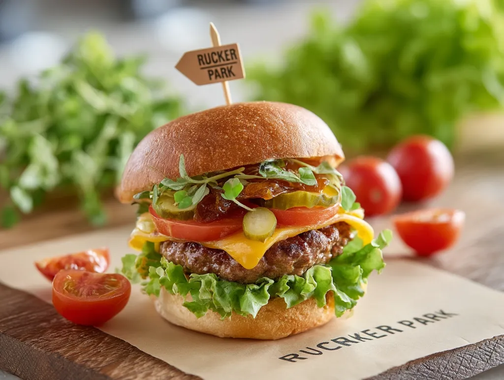 A mouthwatering Rucker Park burger takes center stage.  The juicy patty, nestled in a toasted bun, is layered with melted cheese, crisp lettuce, tomato, pickles, and caramelized onions.  A sprig of microgreens adds a touch of freshness.  The burger sits on parchment paper, with cherry tomatoes scattered nearby, suggesting a delicious and visually appealing meal.