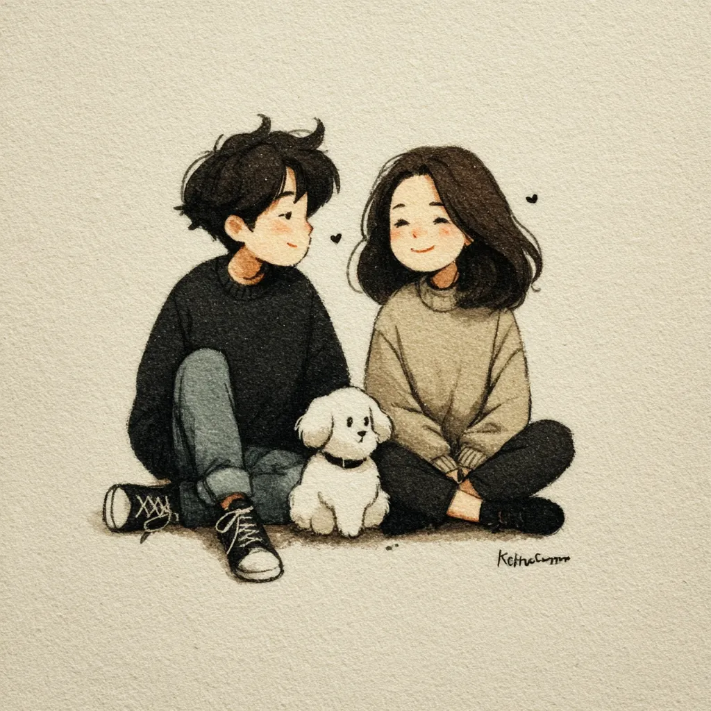 A charming illustration depicts a young couple seated on the floor, their gazes gently meeting.  The woman wears a beige sweater and dark pants, while the man sports a dark sweater and jeans.  Between them sits a small, fluffy white dog, adding to the cozy scene.  The style is soft and whimsical, evoking a feeling of warmth and affection.  Small hearts float above them, enhancing the romantic atmosphere.