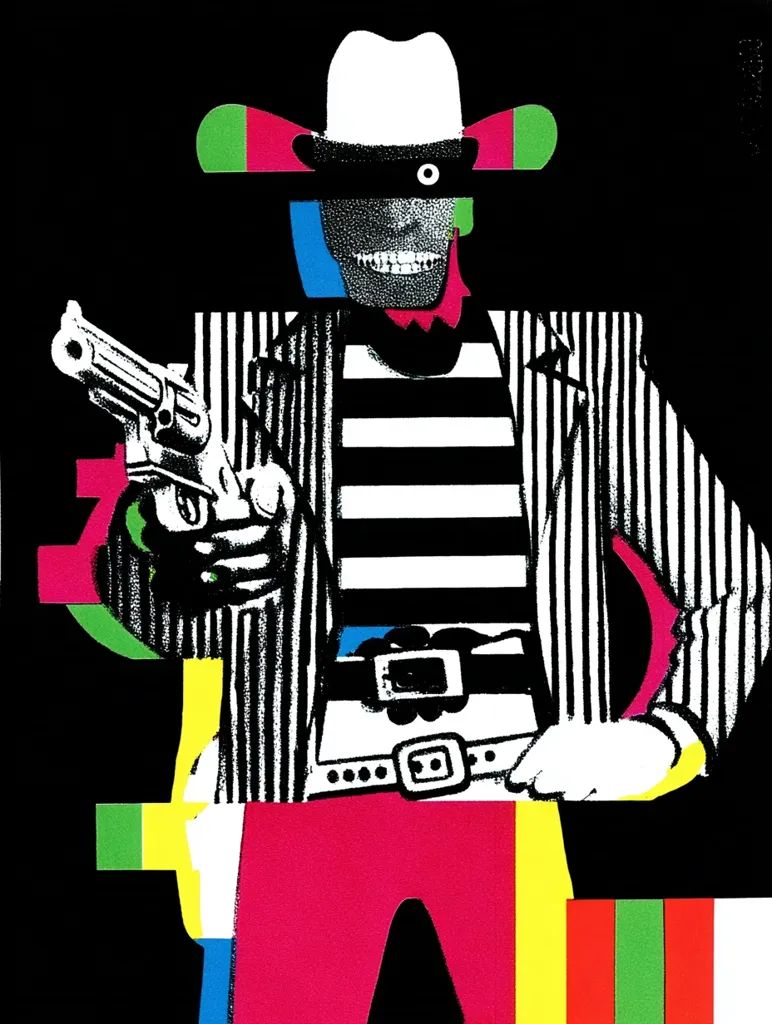A stylized illustration of a cowboy with a revolver.  The figure is depicted in bold black and white stripes, overlaid with vibrant blocks of color—pink, yellow, green, and blue—creating a fragmented, almost collage-like effect. The cowboy's face is obscured, adding to the mysterious and graphic nature of the artwork. The overall style is bold and highly graphic, reminiscent of pop art or screen printing.