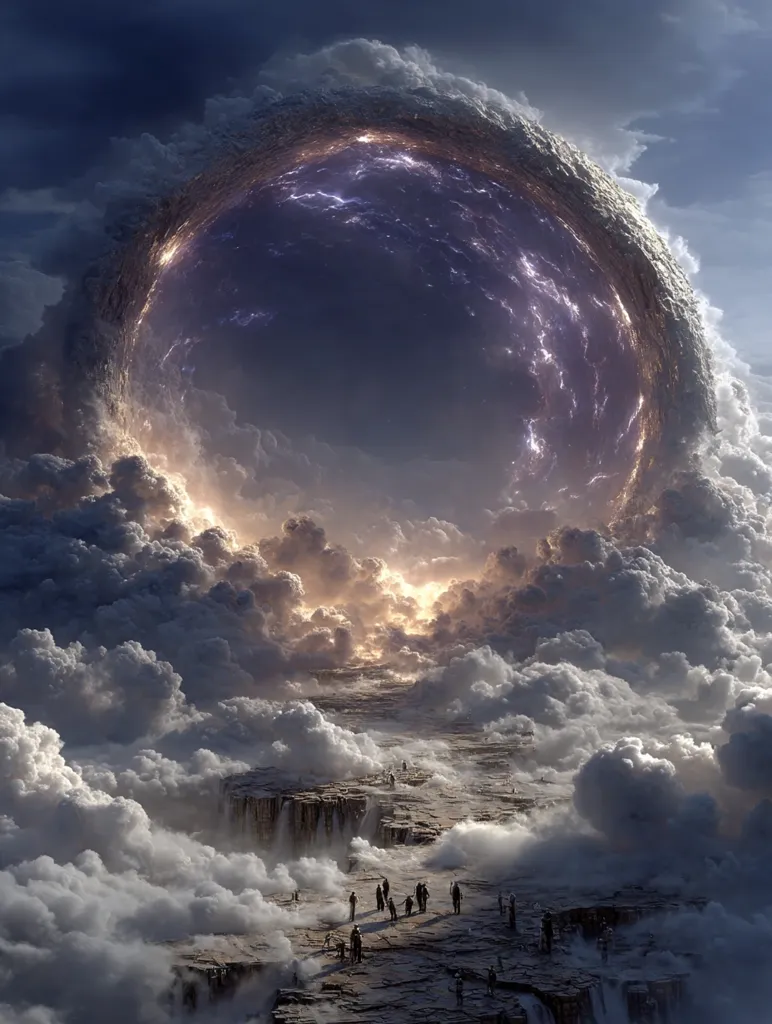 A breathtaking digital artwork depicts a colossal, ethereal ring suspended amidst a sea of clouds.  The ring, glowing with inner light and crackling energy, resembles a celestial portal.  Below, figures, small against the vast landscape, traverse a rocky path leading towards this otherworldly gateway, creating a sense of awe and wonder.  The scene is bathed in dramatic light and shadow, enhancing its surreal and majestic atmosphere.