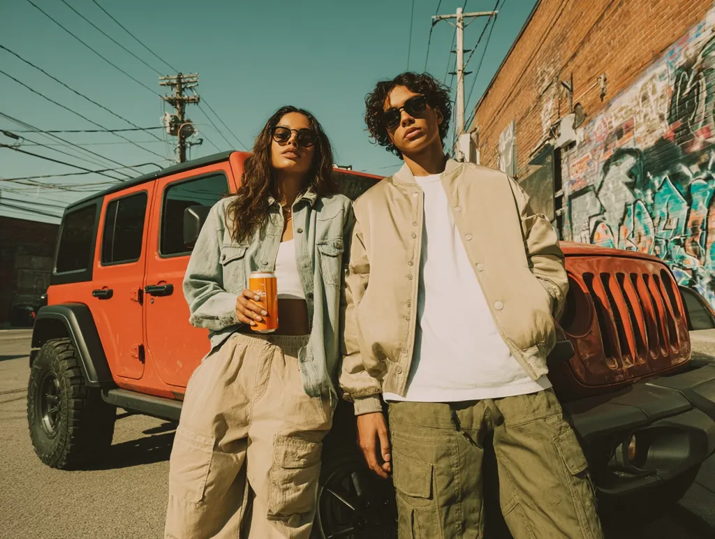A young couple stands by a red Jeep against a graffiti-covered brick wall.  The woman, in a denim jacket and cargo pants, holds a can of soda. The man wears a beige bomber jacket and olive cargo pants.  They both wear sunglasses, exuding a stylish, urban vibe. The sunlit scene has a vintage, retro feel.