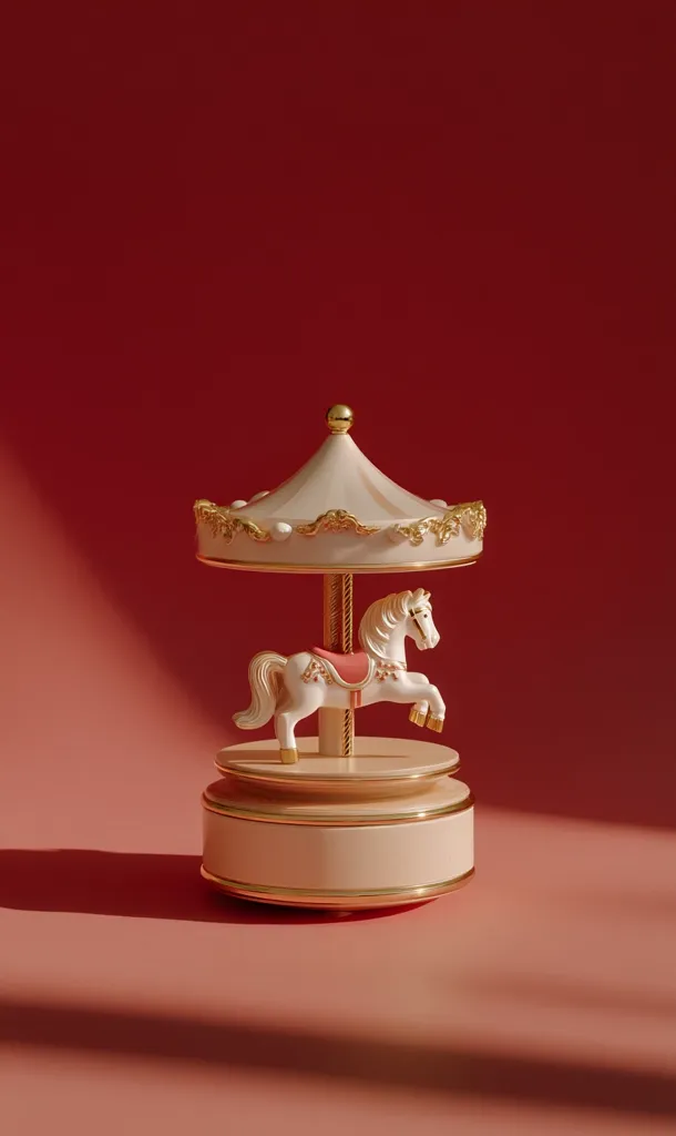 A miniature carousel music box sits on a dusty rose surface, bathed in soft light.  The carousel features a single white horse with a pink saddle, gracefully positioned beneath a delicate, off-white canopy adorned with gold accents. The base is cream-colored with a gold rim, adding to the elegant and whimsical aesthetic. The scene is simple, focusing on the charming details of the music box.