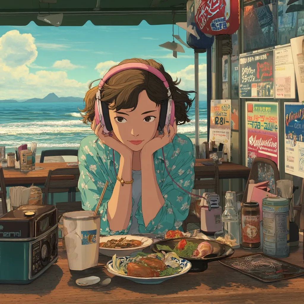 A young woman with brown hair and pink headphones sits at an outdoor cafe table overlooking a beach.  She rests her chin on her hands, appearing serene.  The cafe is adorned with various Japanese signage and posters.  Several dishes of food are on the table in front of her, along with drinks and what seems to be a vintage radio. The sunlit scene evokes a calm and peaceful atmosphere.