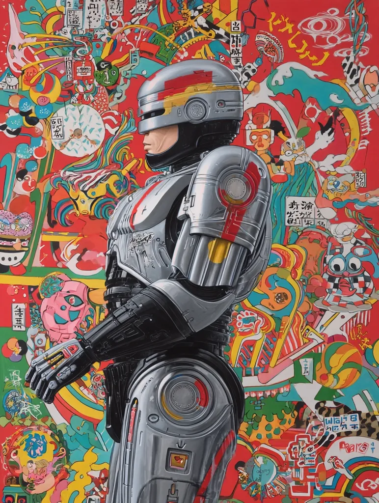 A hyperrealistic depiction of RoboCop stands profile against a vibrant, chaotic backdrop of Japanese-inspired pop art.  The artwork explodes with color and texture, featuring cartoon characters, symbols, and text.  RoboCop's metallic body contrasts sharply with the swirling, almost psychedelic background, creating a visually striking juxtaposition of futuristic technology and playful, energetic imagery.  The overall effect is bold, dynamic, and visually arresting.