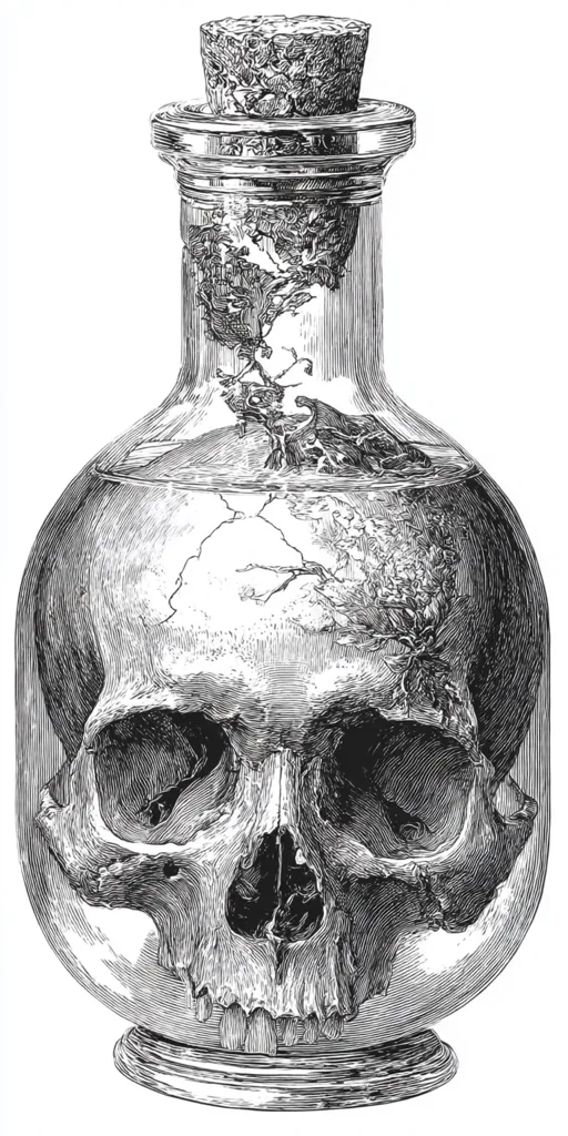 A detailed black and white illustration depicts a glass bottle with a cork stopper, containing a human skull submerged in liquid. Intricate pen and ink detailing showcases the skull's texture and the bottle's glass.  A delicate, branching pattern, resembling a plant or roots, is visible both inside and outside the skull, adding a surreal and macabre element to the image. The overall style is reminiscent of antique medical illustrations or Victorian-era engravings.