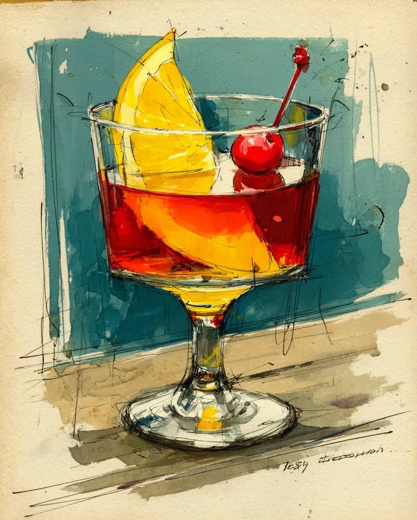 A vibrant watercolor and ink illustration depicts a cocktail in a rocks glass.  The drink is a rich reddish-amber, garnished with a lemon wedge and a maraschino cherry on a stem. The glass sits on a light-colored surface against a teal backdrop.  The style is loose and expressive, with visible brushstrokes and sketchy lines adding texture and movement.  The overall impression is one of casual elegance and spirited artistry.