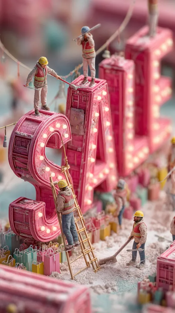 Miniature workers meticulously construct a large, pink "SALE" sign.  The sign is adorned with lights and sits amidst a snowy scene filled with miniature shopping bags.  The workers, wearing hard hats and safety vests, use ladders and tools, showcasing a whimsical and detailed diorama.  The overall effect is charming and festive.