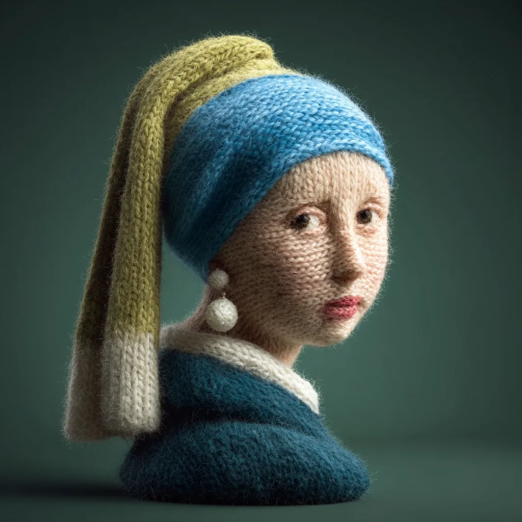 A meticulously crafted knitted bust recreates Johannes Vermeer's "Girl with a Pearl Earring."  The yarn's texture and colors faithfully reproduce the painting's iconic features: the girl's expression, her blue headscarf, and the characteristic pearl earrings. The piece is a charming and skillful interpretation of a classic artwork, translated into a unique textile medium.