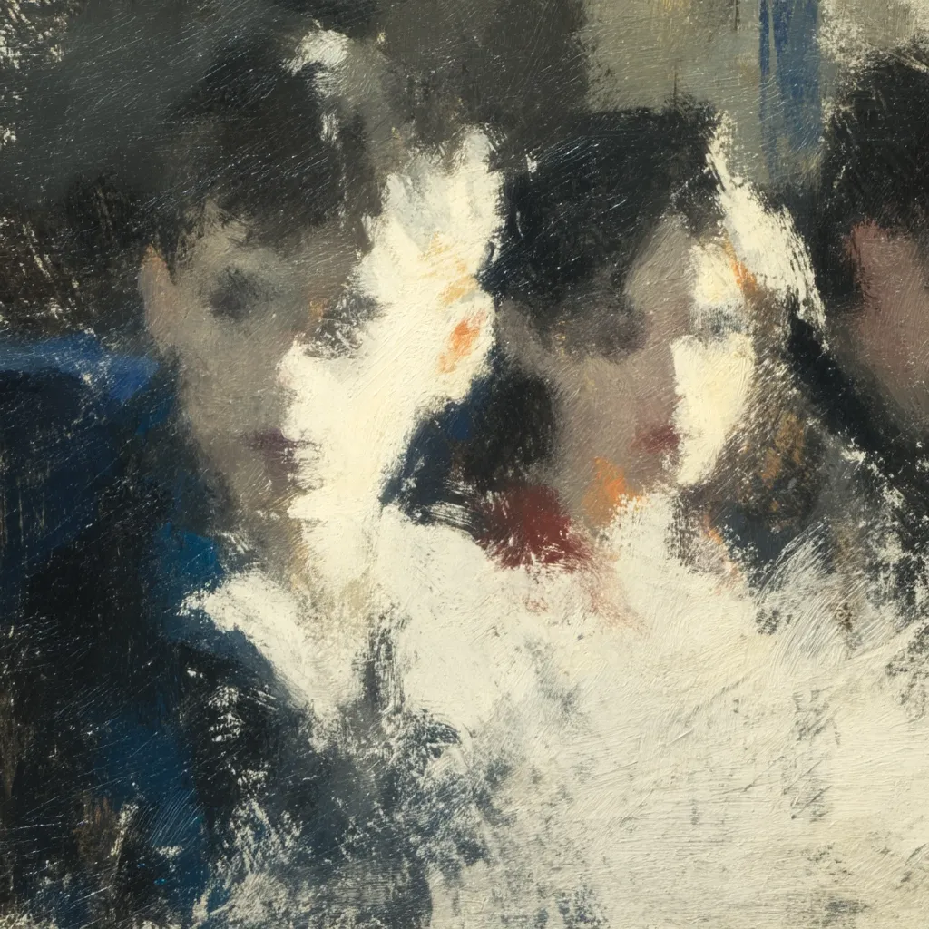 An Impressionist-style painting depicts two women, possibly in a social setting.  Their faces are partially obscured by loose brushstrokes of white and off-white, suggesting light-colored clothing or hats.  Darker blues and grays represent their hair and attire, creating a sense of depth and movement. The overall style is loose and suggestive rather than detailed, focusing on capturing the atmosphere and mood.