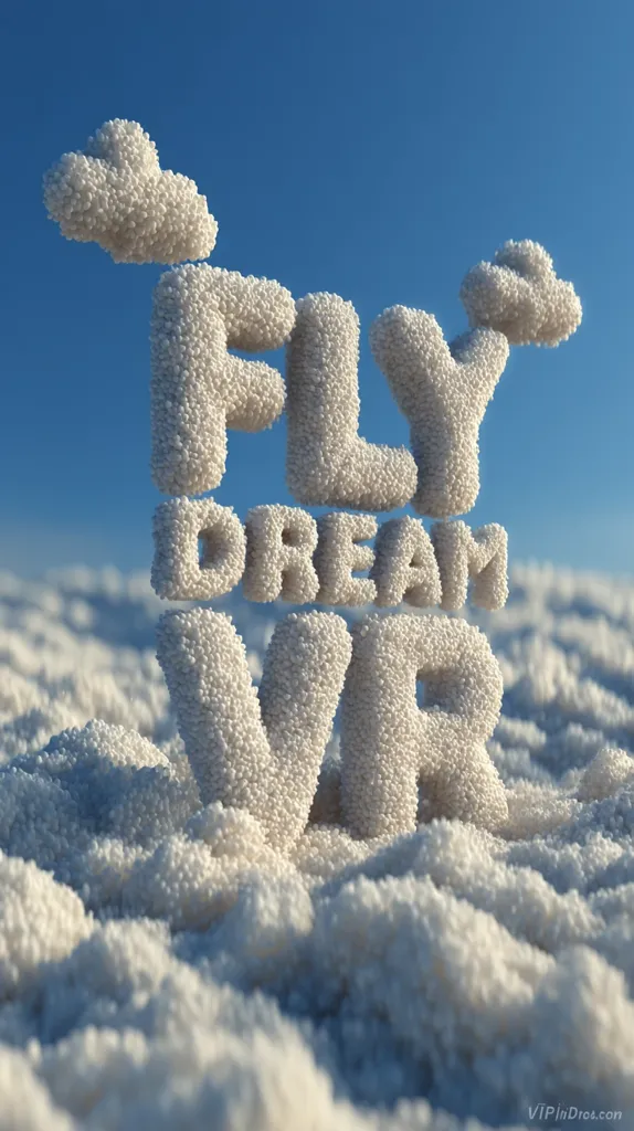 The words "FLY DREAM VR" are formed from fluffy, white, spherical objects, resembling clouds.  These cloud-like letters are positioned against a backdrop of a similar textured surface, creating a dreamy, ethereal atmosphere under a bright blue sky.  The image suggests a connection between dreams, virtual reality, and the sensation of flight.