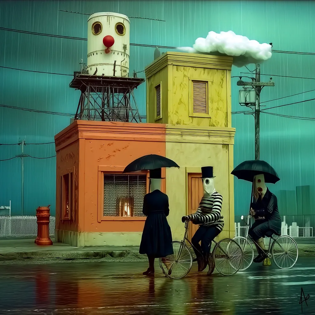 A surreal, rainy scene unfolds before a two-story building with an oddly cheerful water tower. Three figures, masked and under umbrellas, ride bicycles, their faces obscured.  The architecture is whimsical, with a vibrant orange and yellow color scheme, contrasting the somber atmosphere. The scene evokes a sense of mystery and quiet contemplation amidst a downpour.